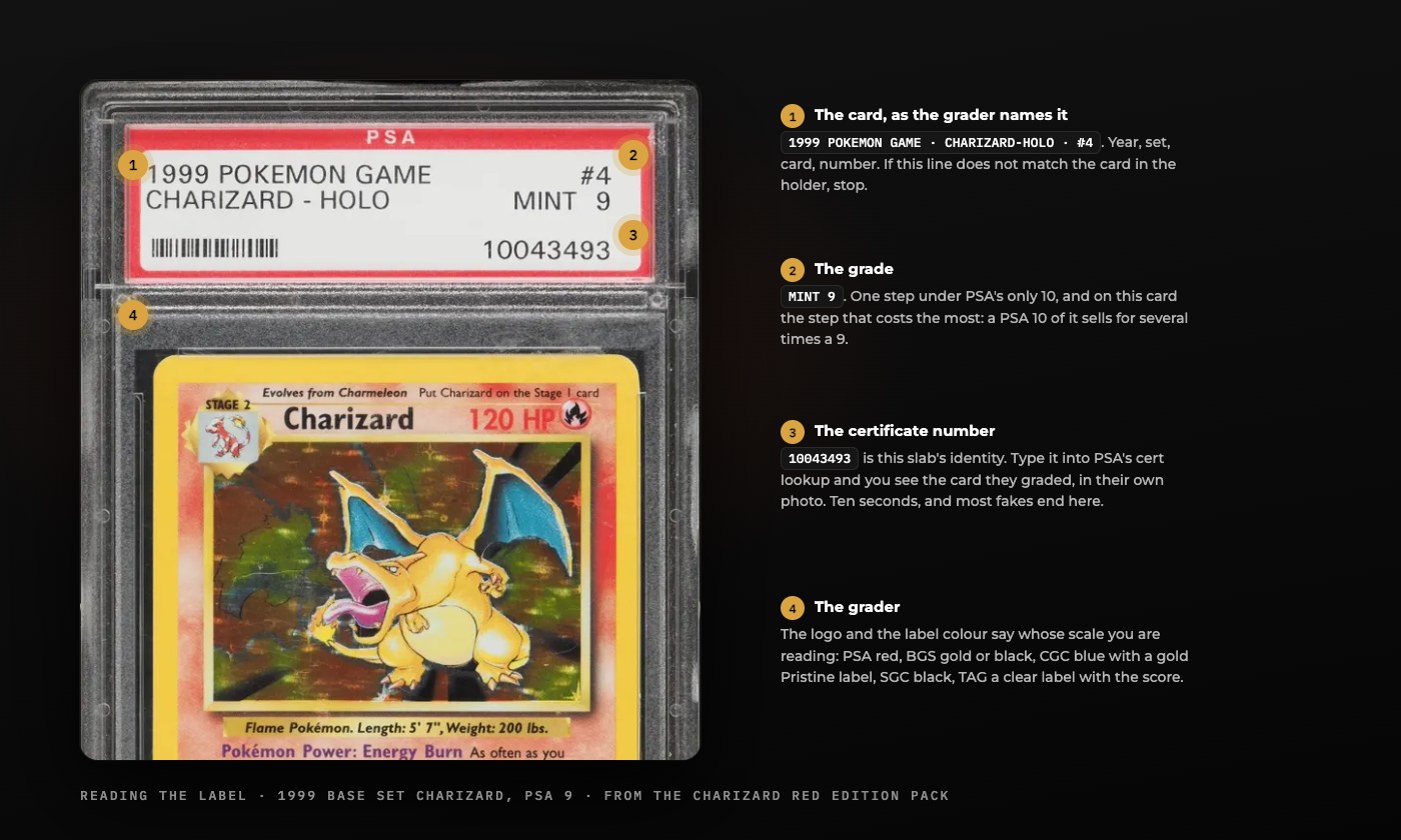 A 1999 Base Set Charizard in a PSA 9 holder with the label’s four parts marked: the card line, the grade, the certificate number and the grader
