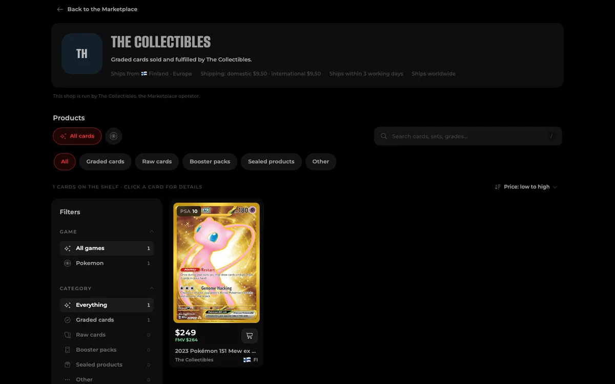 A shop’s page on The Collectibles marketplace